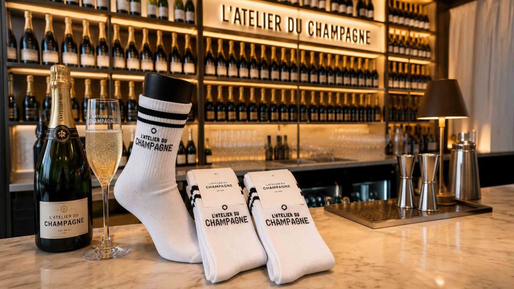 atelier du champagne sokken met eigen ontwerp in een bar omgeving